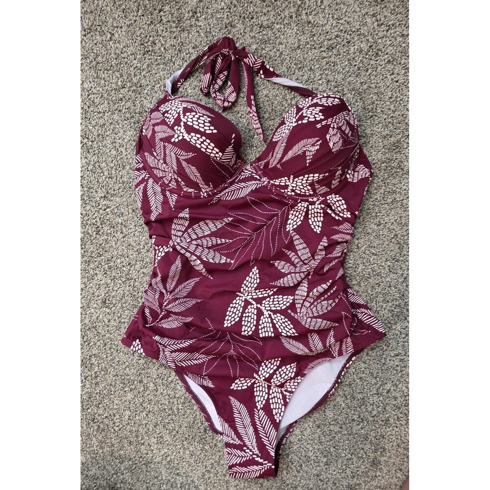 Cupshe Burgundy and White Leaf Print One Piece Swimsuit